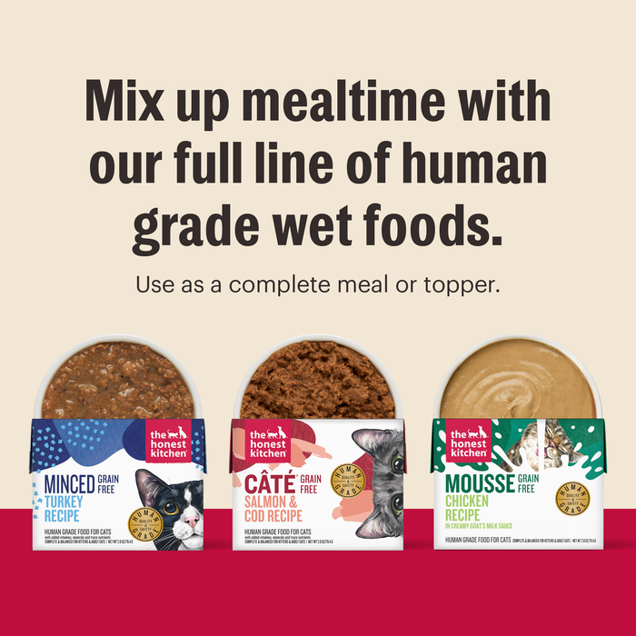 Three containers of The Honest Kitchen’s Mousse Wet Cat Food with Goats Milk Variety Pack are displayed below text highlighting their full mealtime range, including complete meals and digestive support toppers for cats.