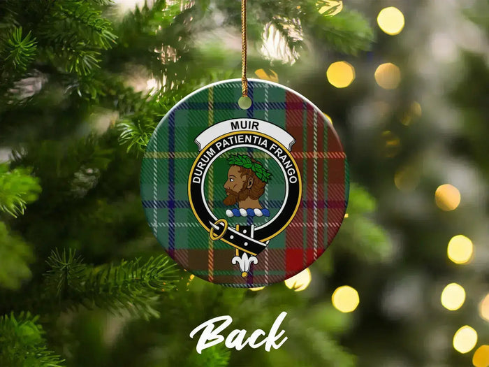 Muir Durum Patientia Frango clan crest ornament reverse — double-sided ceramic with tartan design