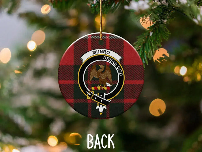 Munro Family Crest back of the ceramic ornament on a tree