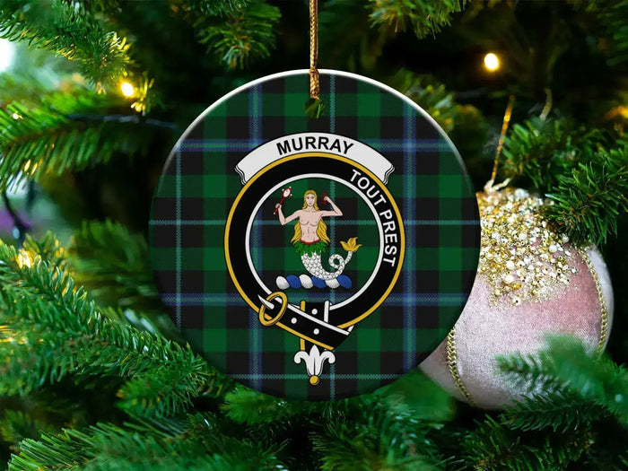 Clan Murray Tout Prest mermaid crest tartan ceramic Christmas ornament — 3-inch round with gold hanging string