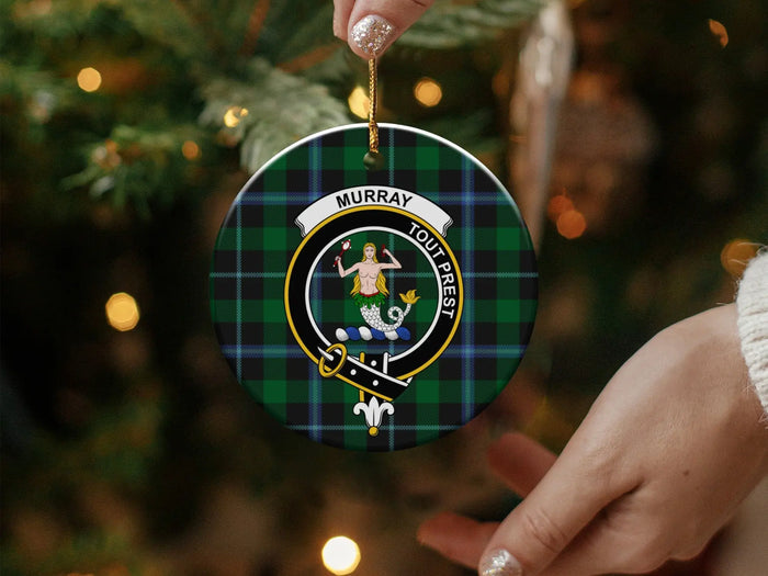 Murray clan crest tartan ornament showing pre-drilled hang hole and gold cord — 3-inch round ceramic