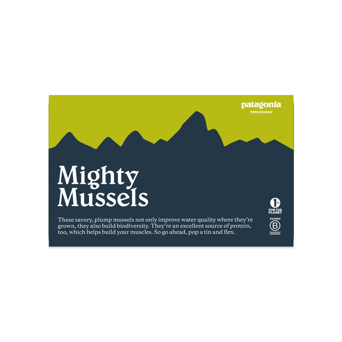 A box of Patagonia Provisions Mussels Lemon Herb displays a dark blue and green mountain design and text that spotlights responsibly sourced mussels as a protein source with benefits for water quality.