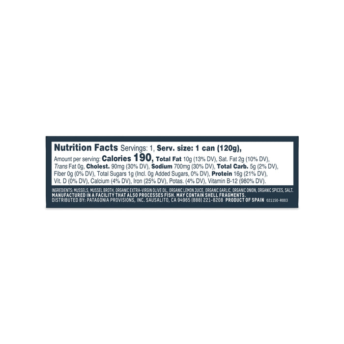Nutrition facts for Patagonia Provisions Mussels Lemon Herb: 1 serving per can (120g), 190 calories, 12g protein, low carbs. Made with Organic Extra Virgin Olive Oil and responsibly sourced; contains various vitamins and minerals.