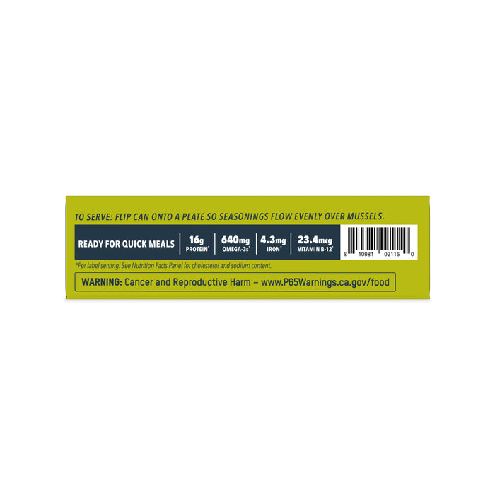 A product label for Patagonia Provisions Mussels Lemon Herb with serving instructions, nutrition facts (16g protein, 640mg Omega-3, 4.3mg iron, 2.3mcg B12), responsibly sourced ingredients, and a cancer/reproductive harm warning.