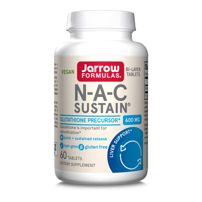 A white bottle of Jarrow N-A-C Sustain 600mg dietary supplement with a white lid, vegan, non-GMO, gluten-free—contains 60 bi-layer tablets of antioxidant amino acid to support glutathione and liver health.