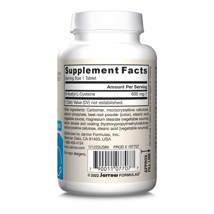 A white bottle of Jarrow N-A-C Sustain 600mg Sustain Tablets shows Supplement Facts for N-Acetyl-L-Cysteine, which supports glutathione production. The label lists other ingredients, barcode, and contact info.