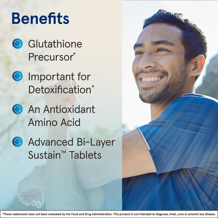 Smiling man outdoors with text: Jarrow N-A-C Sustain 600mg—glutathione precursor for detox, antioxidant amino acid, advanced bi-layer sustain tablets. FDA disclaimer at bottom.