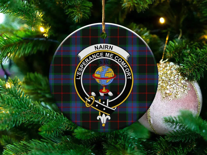 Clan Nairn tartan ceramic ornament — 3" round disc with L'Espérance Me Conforte crest and gold string