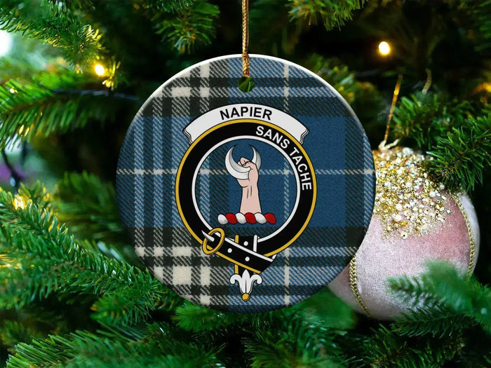 Clan Napier tartan crest ceramic ornament — 3 inch, double-sided with gold string