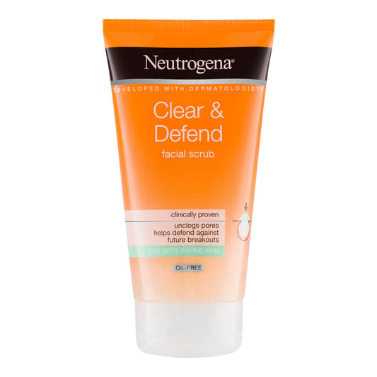 Neutrogena Clear & Defend Daily Facial Scrub — front pack for spot-prone skin, acne defense, daily exfoliation, Blush Fiji