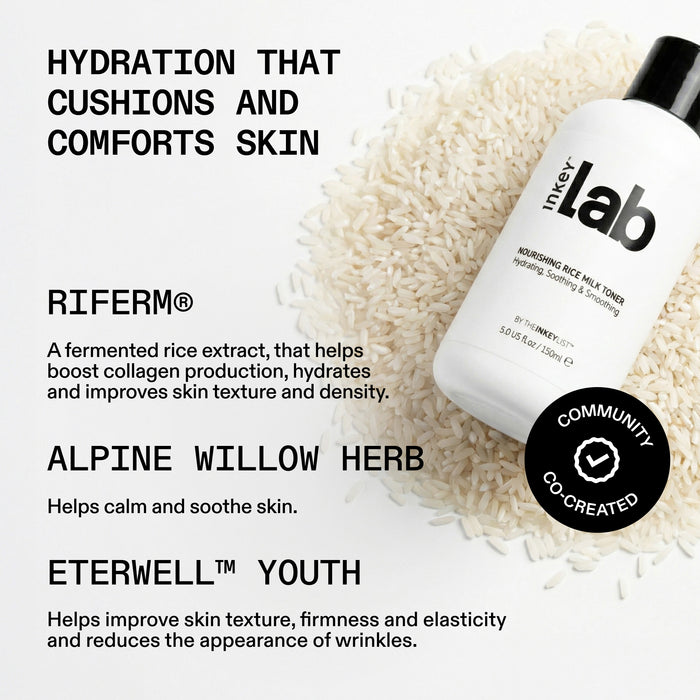 Milk Toner bottle on grains of rice with information on the formula