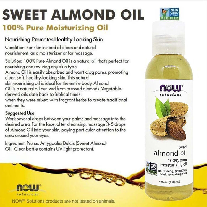 Now Solutions Organic Moisturizing, Nourishing & Reviving Sweet Almond Oil for All Skin Types, 118ml - Makkah Pharmacy