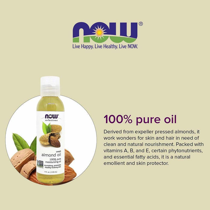 Now Solutions Organic Moisturizing, Nourishing & Reviving Sweet Almond Oil for All Skin Types, 118ml - Makkah Pharmacy