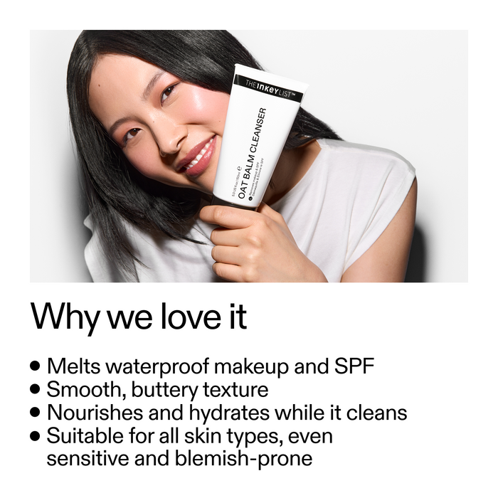 Woman holding a skincare product with text about its benefits on a white background