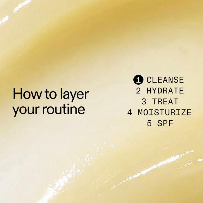Text overlay on a beige background with steps for layering a skincare routine.