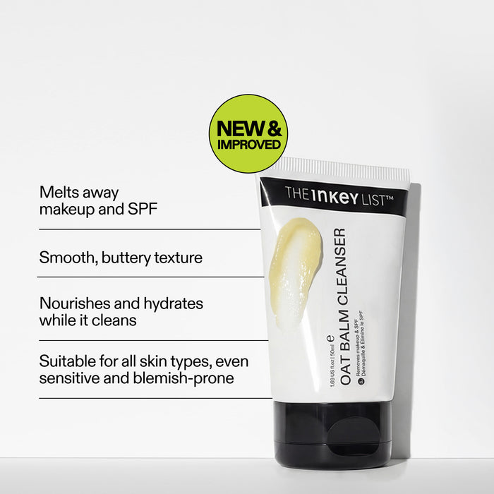 The Inkey List Oat Balm Cleanser with product features on a white background