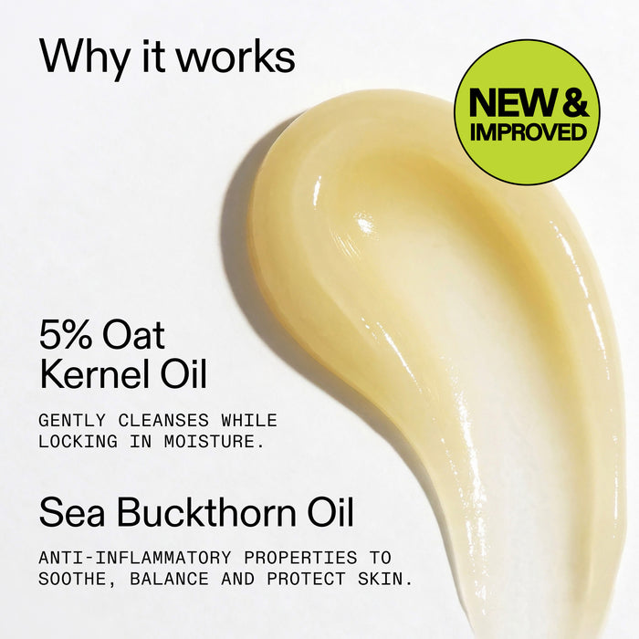 Product with a swatch of oil and text about oat kernel oil and sea buckthorn oil on a white background.
