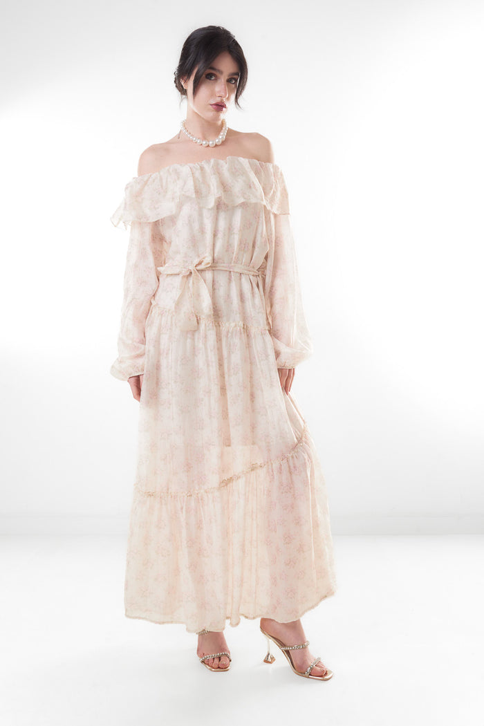 Off shoulder floral print ruffle belted maxi dress wholesale