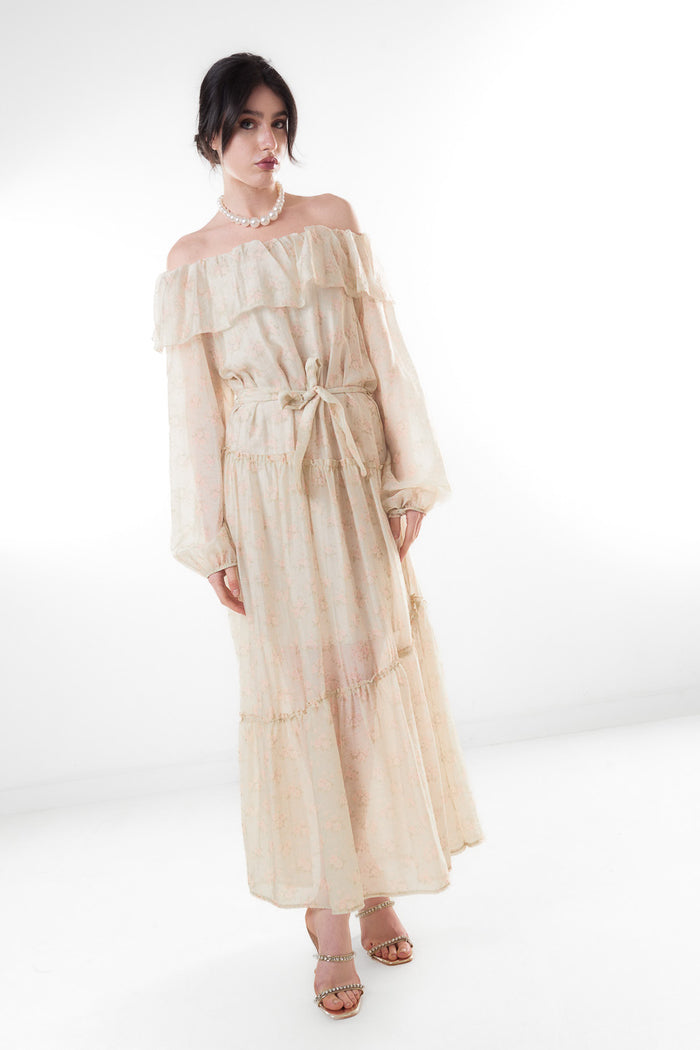 Off shoulder floral print ruffle belted maxi dress wholesale