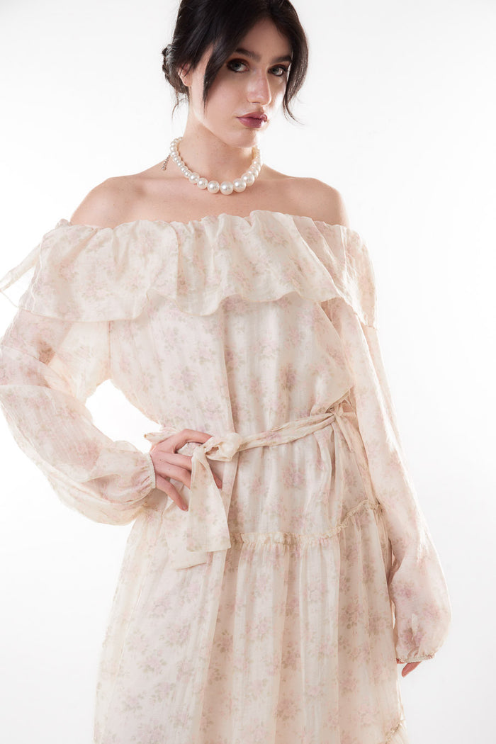 Off shoulder floral print ruffle belted maxi dress wholesale