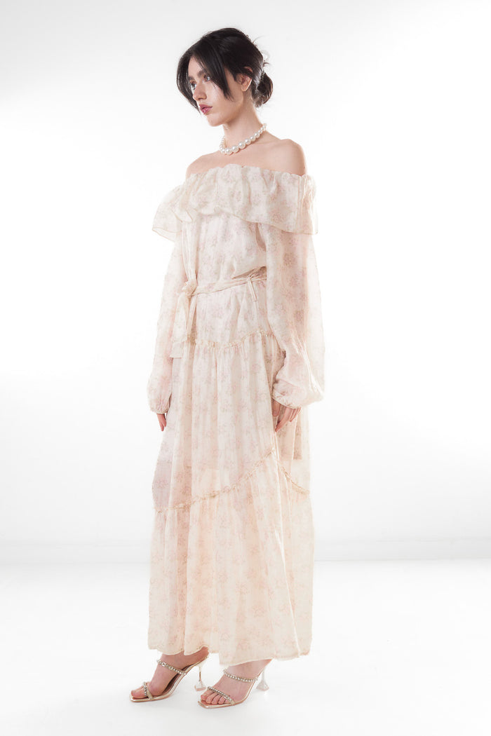 Off shoulder floral print ruffle belted maxi dress wholesale