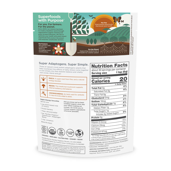 The image shows the back of Navitas Organics Organic Adaptogen Blend package, featuring maca and ashwagandha. It includes nutrition facts, ingredients, and plant illustrations. The package highlights benefits like immune and stress support, being vegan and gluten-free.