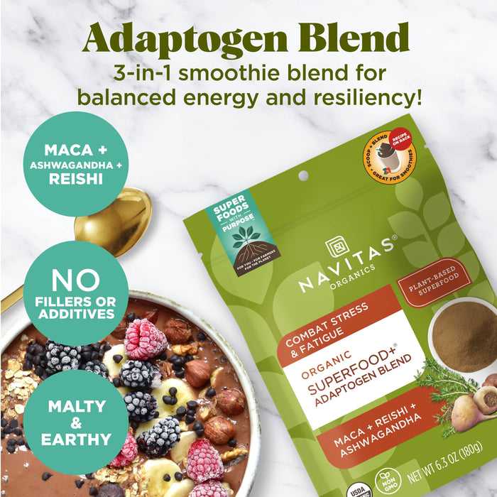 Packaging for Navitas Organics Adaptogen Blend. Features a green and white bag with ingredients like blueberries, nuts, and a smoothie bowl. Text highlights benefits: combat stress, fatigue, and promote balance. Includes maca, reishi, and ashwagandha.