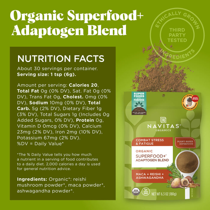 A package of Navitas Organics Organic Superfood+ Adaptogen Blend is shown. The packaging highlights nutrition facts and ingredients, including maca, reishi, and ashwagandha powders. It's labeled as ethically grown and third-party tested.