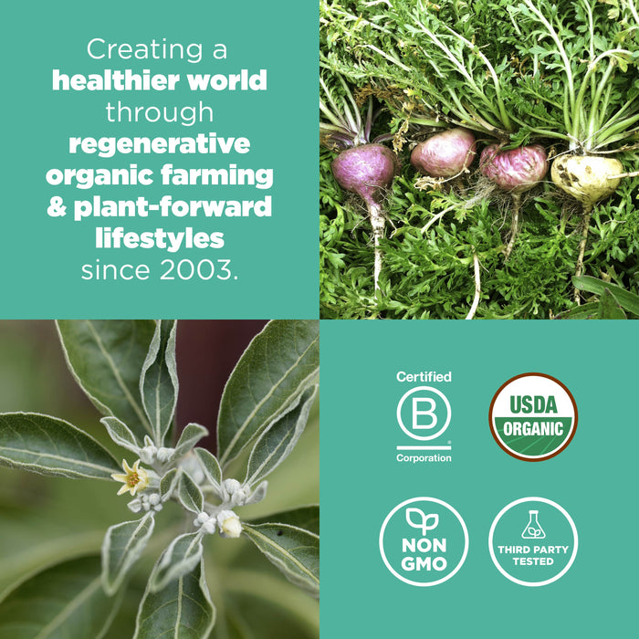 A collage with three sections: top right showing root vegetables in soil, bottom left featuring lush mountain scenery, and text on the left promoting regenerative farming and plant-based lifestyles. Certification logos for B Corporation, USDA Organic, and Non-GMO.