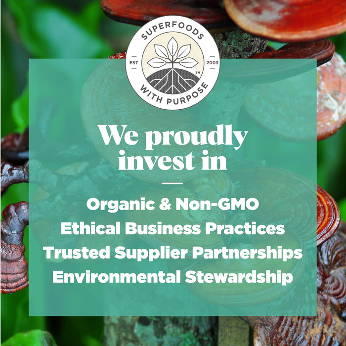 Aerial view of farmland with a green overlay. Text on the overlay reads: "We proudly invest in Organic &amp; Non-GMO, Ethical Business Practices, Trusted Supplier Partnerships, Environmental Stewardship." Superfoods with Purpose logo is at the top.