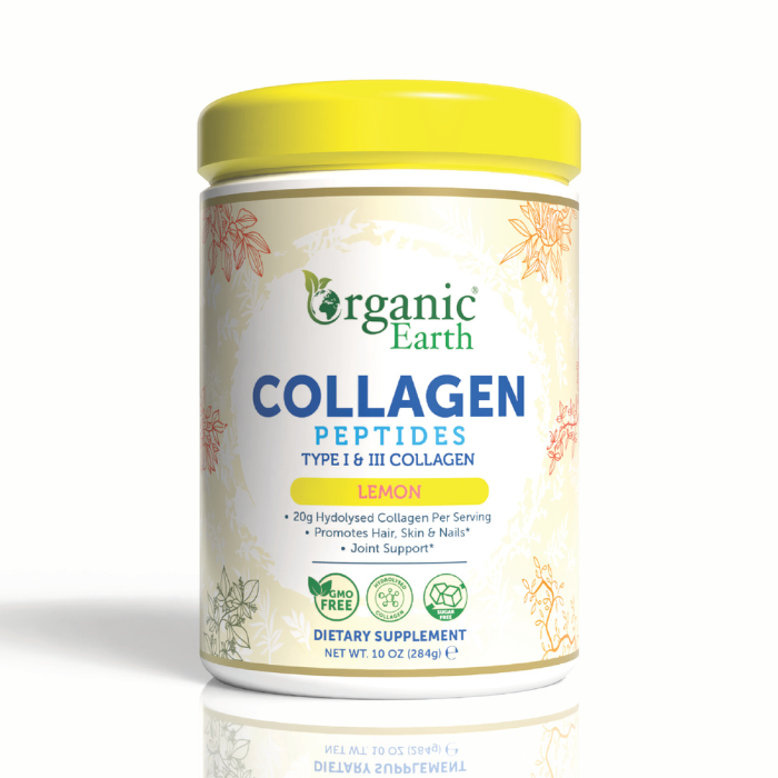 Organic Earth Collagen Peptides Lemon, Hydrolyzed Collagen for Skin, Hair, Nails and Joints - 284g Organic Earth