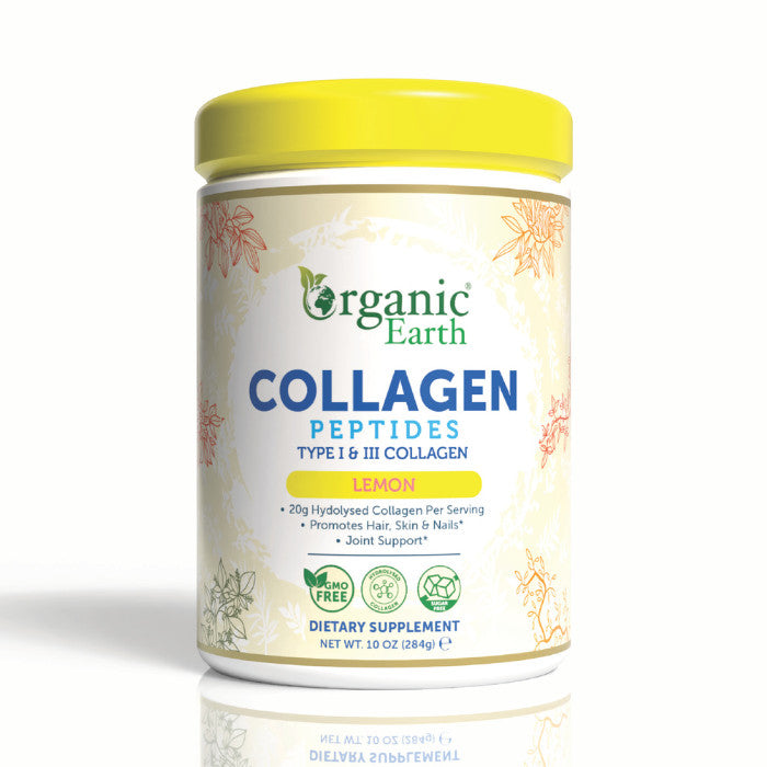 Organic Earth Collagen Peptides Lemon, Hydrolyzed Collagen for Skin, Hair, Nails and Joints - 284g Organic Earth