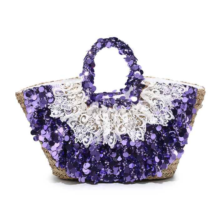 Oversized sequin lace-trim straw tote with glitter floral accents wholesale