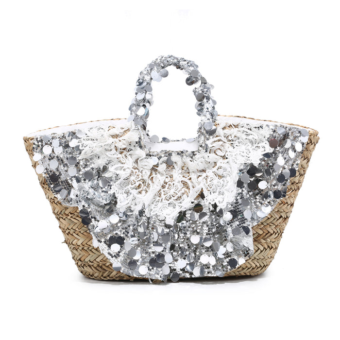 Oversized sequin lace-trim straw tote with glitter floral accents wholesale