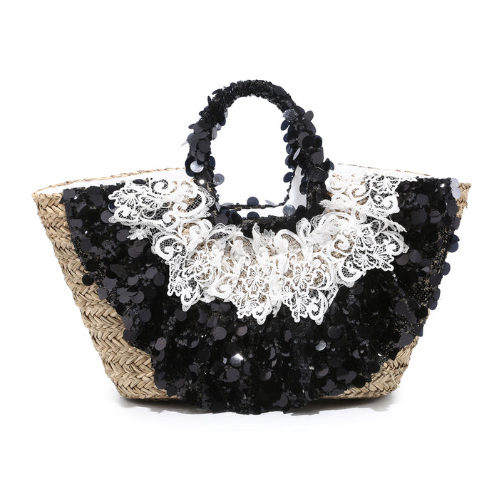 Oversized sequin lace-trim straw tote with glitter floral accents wholesale