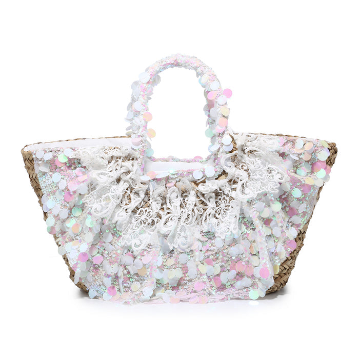 Oversized sequin lace-trim straw tote with glitter floral accents wholesale