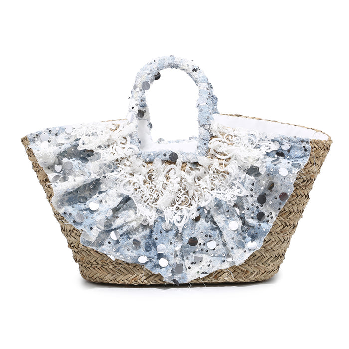 Oversized sequin lace-trim straw tote with glitter floral accents wholesale