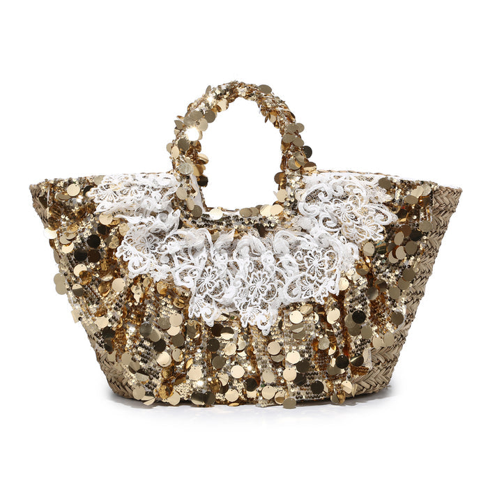 Oversized sequin lace-trim straw tote with glitter floral accents wholesale