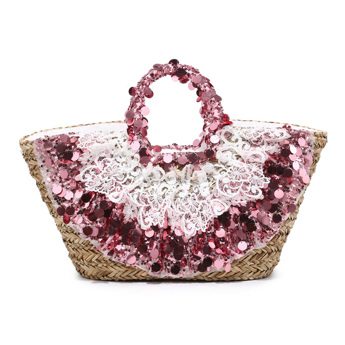 Oversized sequin lace-trim straw tote with glitter floral accents wholesale
