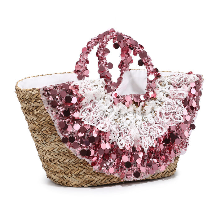 Oversized sequin lace-trim straw tote with glitter floral accents wholesale