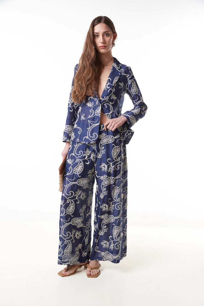 Paisley printed high waist wide leg relaxed trousers wholesale