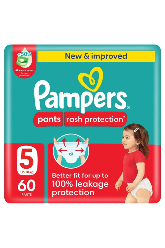 Pampers Rash Protection Pants Diapers, Size 5, 12-18kg, Giant Pack, 60 pcs Soft Fit, Breathable Layers