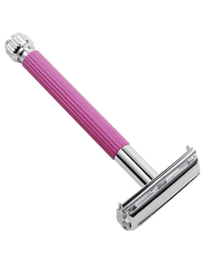 Pink textured safety razor handle with chrome head for women’s grooming