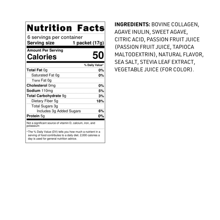 The Bare Bones Passionfruit Elevated Drink Mix (6 ct) features a nutrition label with 50 calories, 5g protein, and 3g total sugars per serving. Ingredients include bovine collagen, sweet agave, passion fruit juice, and more.