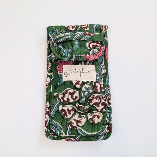 Pine Green Floral Block Print Quilted Glasses Case - Precious Sparkle