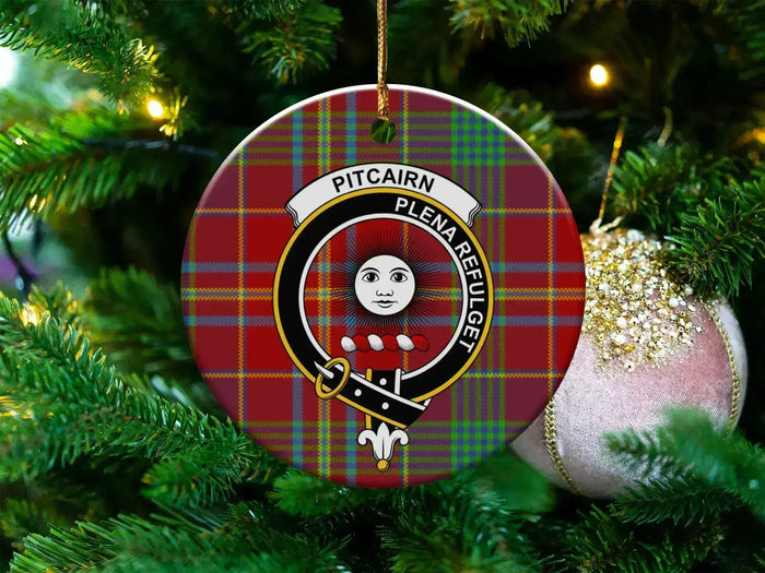 Clan Pitcairn tartan ceramic ornament — 3" round disc with Plena Refulget crest and gold string