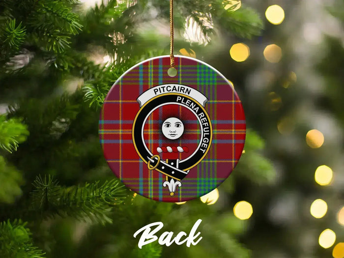 Clan Pitcairn Christmas tree ornament — tartan plaid background with clan crest, pre-drilled hole