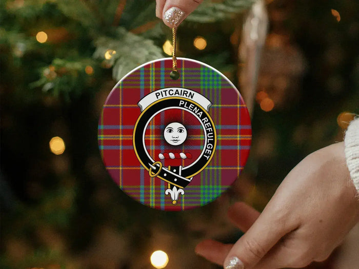 Pitcairn Plena Refulget tartan plaid ornament — 3" ceramic disc, gold hanging string