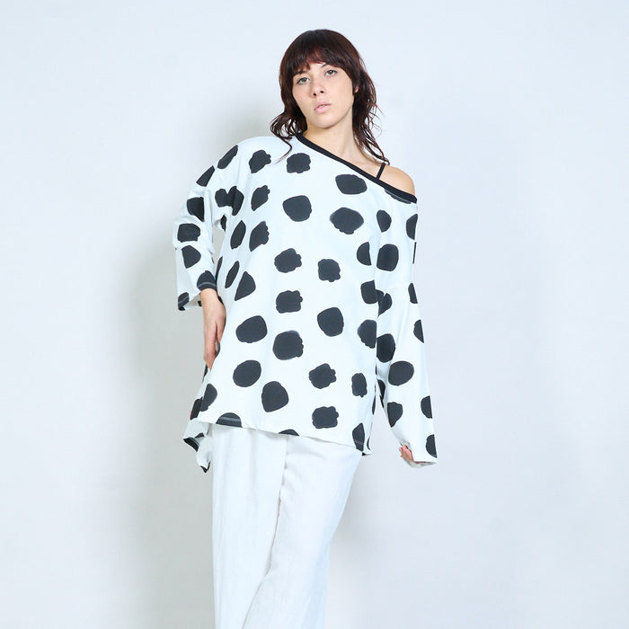 Polka dot asymmetric-flow relaxed long-sleeve top wholesale