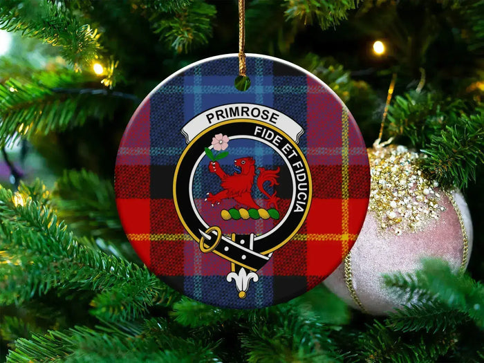 Clan Primrose tartan crest ceramic ornament — 3 inch, double-sided with gold string